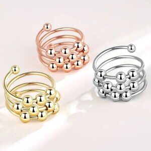 Boho Spiral Fidget and Anxiety Ring Floating Silver Tone Balls Adjustable #1362